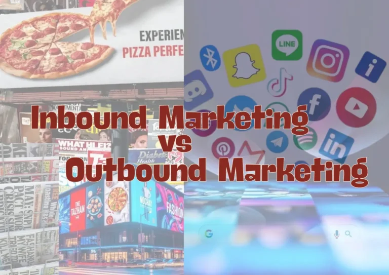 Inbound marketing vs outbound marketing omparison showing social media app icons including Instagram, LinkedIn, and YouTube representing digital inbound channels on the right, versus traditional outbound marketing methods like billboards, print ads, and outdoor advertising on the left