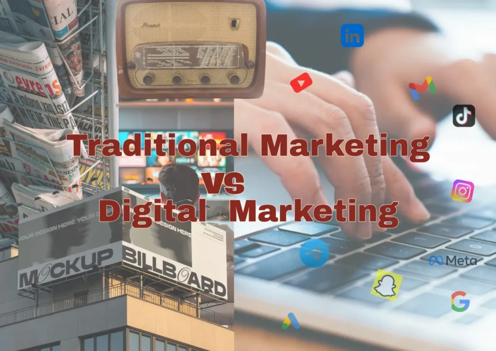 Traditional vs digital marketing Qatar showing newspapers, billboard and radio on the left versus LinkedIn, Instagram, Google, Meta and Snapchat on the right